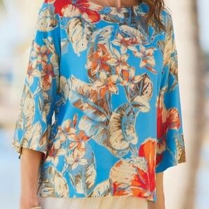 Soft Surroundings Blue Brown 3/4 Sleeve Boxy Blouse